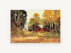 Red Barn in Autumn Light, red barn autumn trees landscape, landscape canvas wall art print, front view