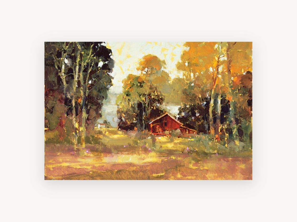 Red Barn in Autumn Light, red barn autumn trees landscape, landscape canvas wall art print, front view