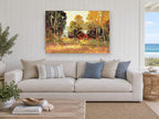 Red Barn in Autumn Light landscape canvas print on the wall of a beach house living room