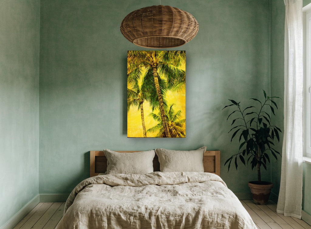Golden Palm Canopy floral canvas print on the wall of a bedroom
