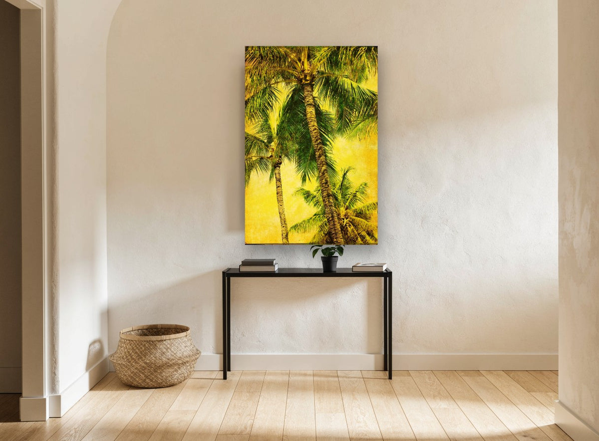 Golden Palm Canopy floral canvas print on the wall of a hallway