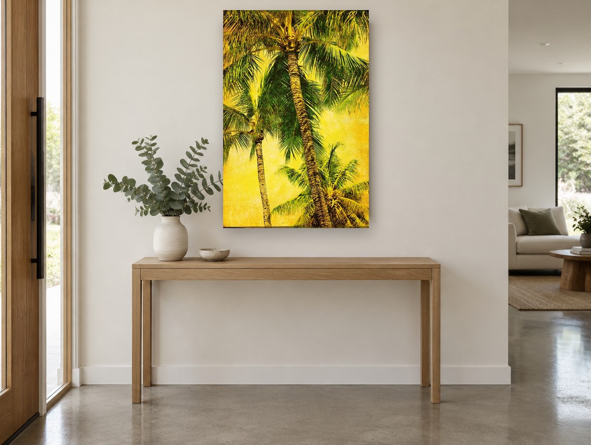 Golden Palm Canopy floral canvas print on the wall of a entry hall
