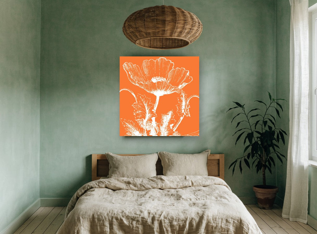Orange Poppy Silhouette floral canvas print on the wall of a bedroom