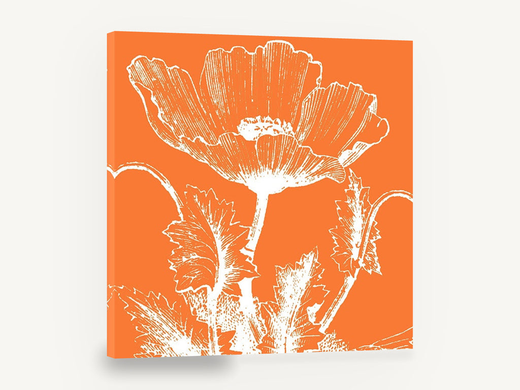 Orange Poppy Silhouette, white poppy on orange botanical illustration, floral canvas wall art print ready to hang