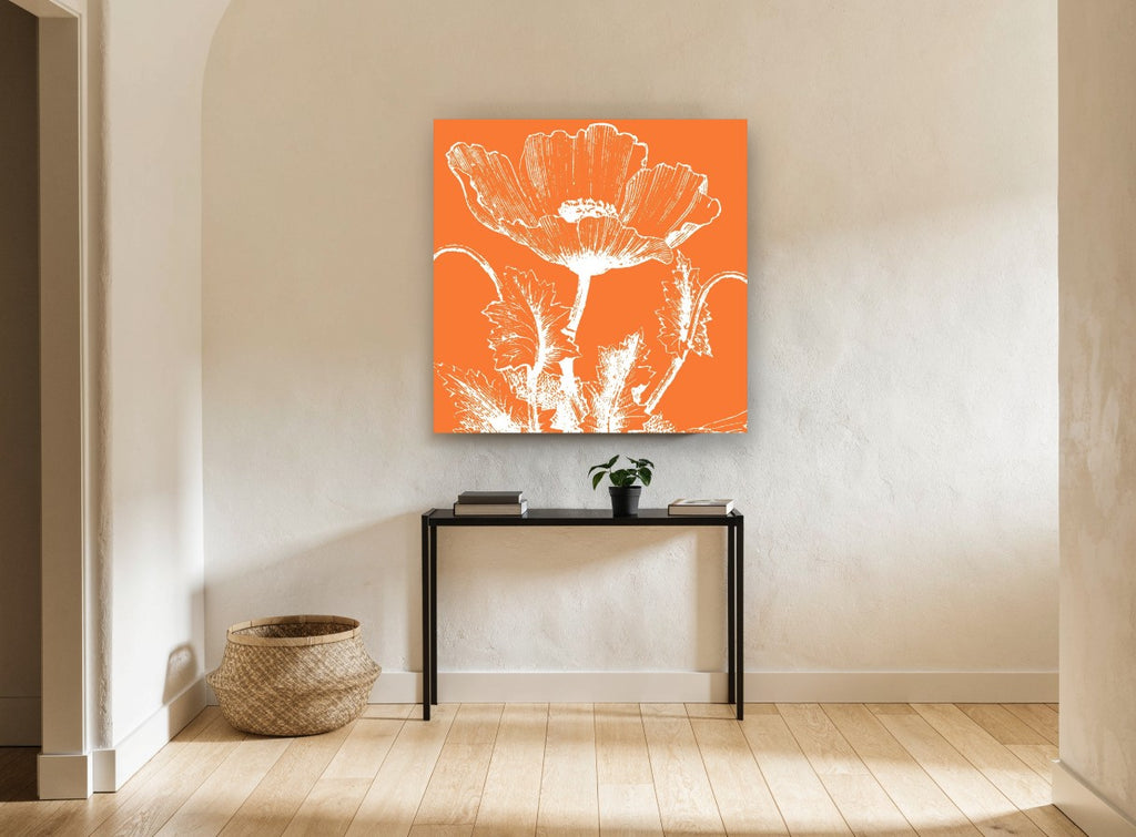 Orange Poppy Silhouette floral canvas print on the wall of a hallway