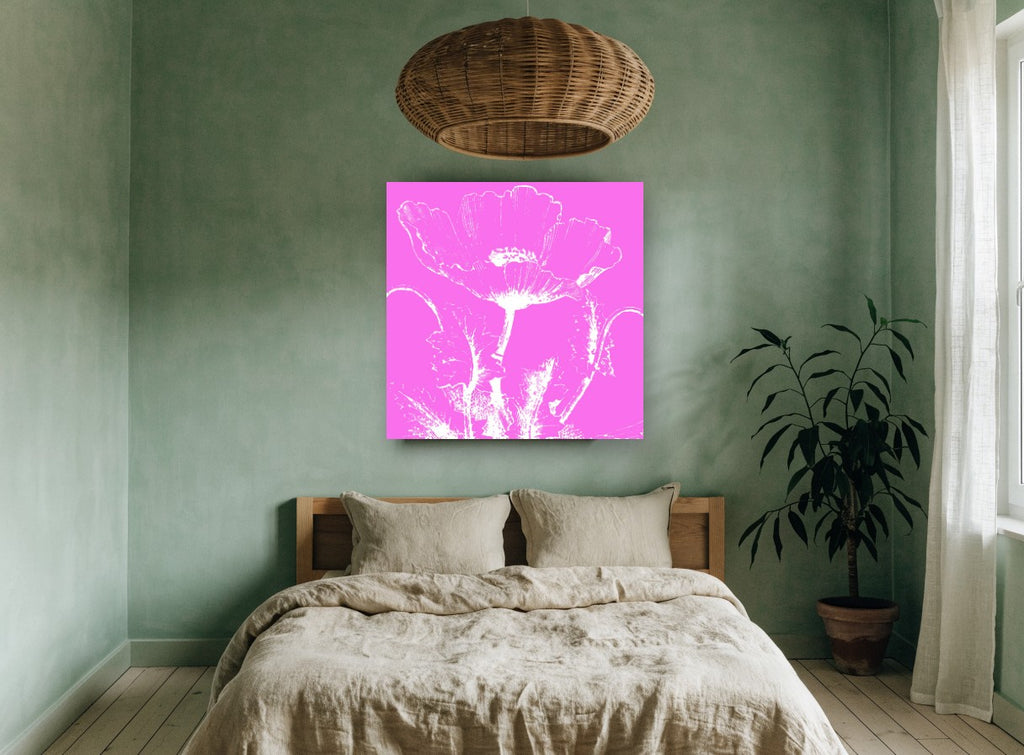 Pink Poppy Silhouette floral canvas print on the wall of a bedroom