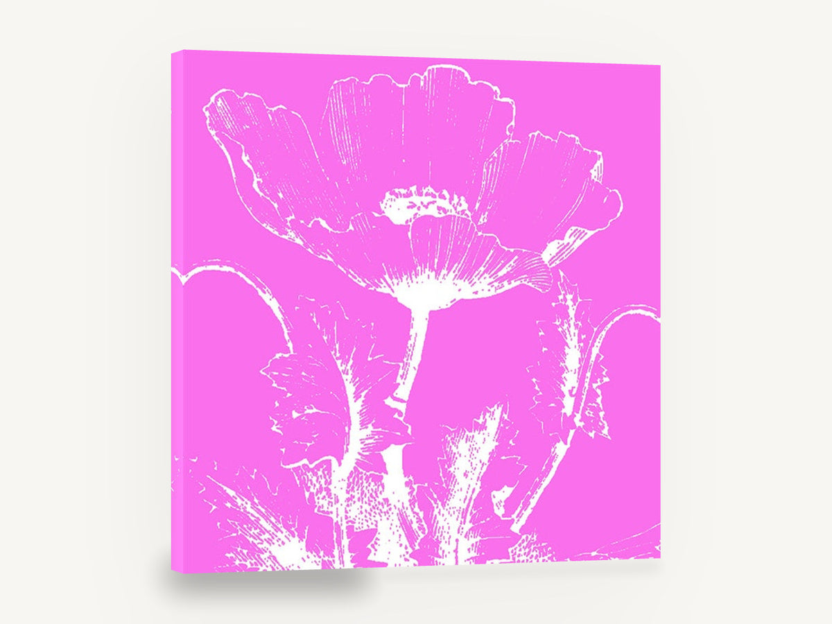 Pink Poppy Silhouette, white poppy on pink botanical illustration, floral canvas wall art print ready to hang