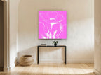 Pink Poppy Silhouette floral canvas print on the wall of a hallway