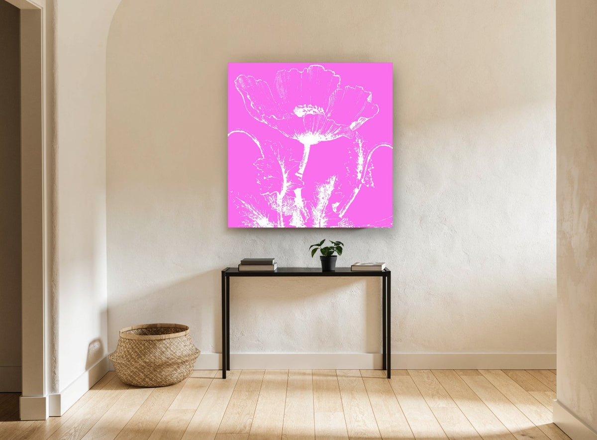 Pink Poppy Silhouette floral canvas print on the wall of a hallway