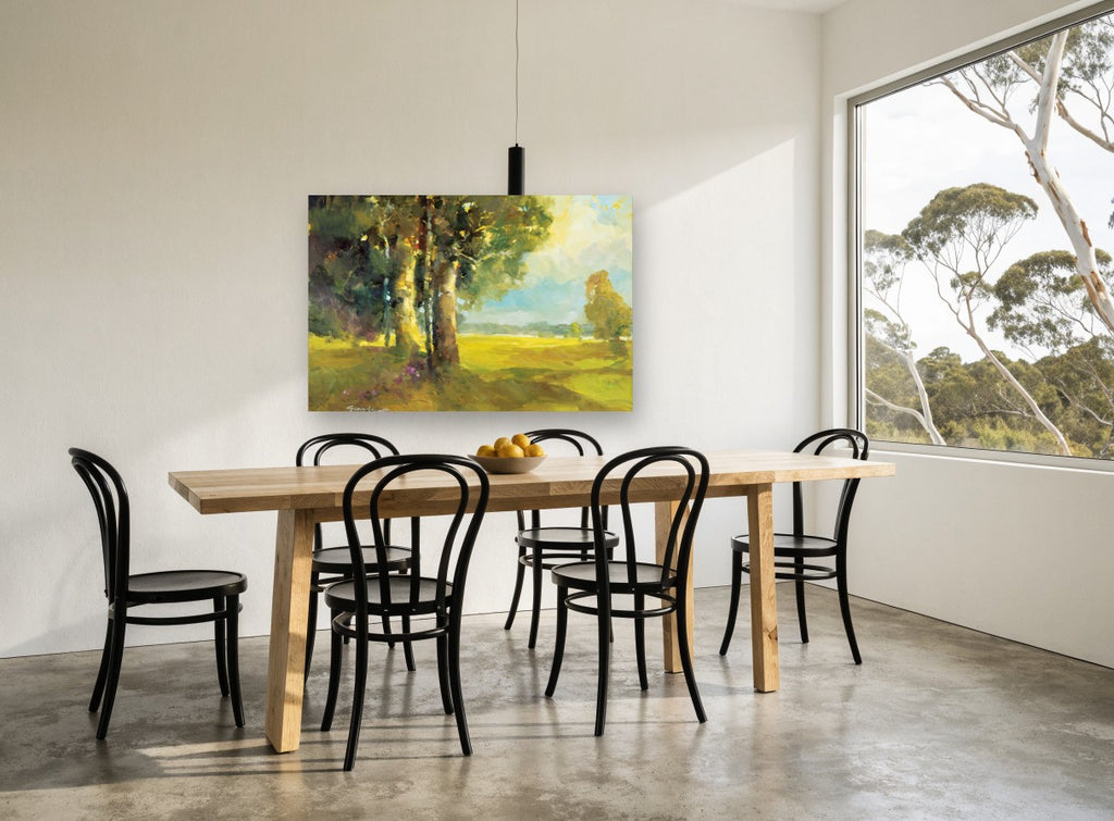 Sunlit Meadow Shade landscape canvas print on the wall of a dining room