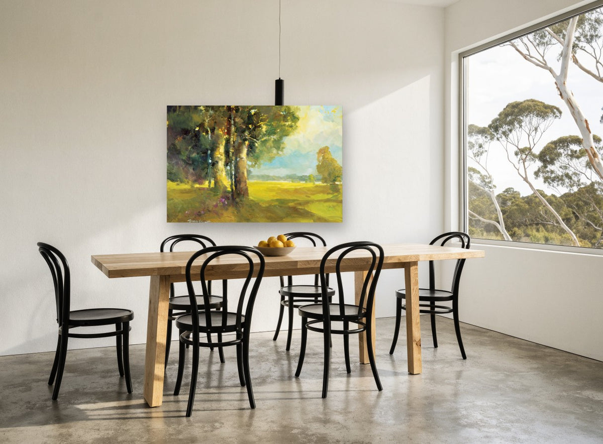 Sunlit Meadow Shade landscape canvas print on the wall of a dining room