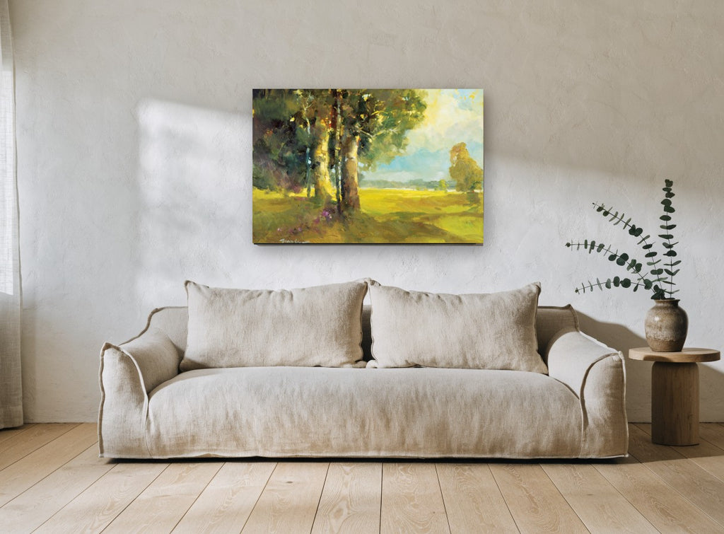 Sunlit Meadow Shade landscape canvas print on the wall of a living room