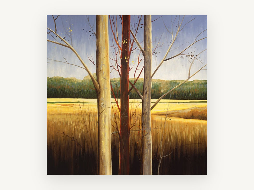 Three Trunks Golden Meadow, bare trees golden meadow landscape, landscape canvas wall art print, front view