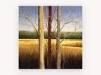 Three Trunks Golden Meadow, bare trees golden meadow landscape, landscape canvas wall art print, front view