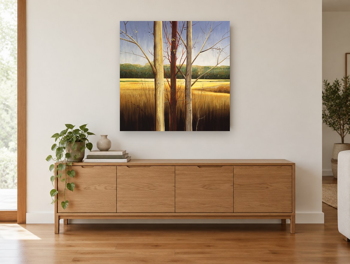 Three Trunks Golden Meadow landscape canvas print on the wall of a living room above a sideboard