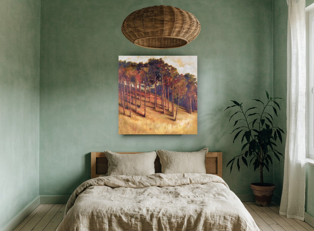 Amber Hillside Grove landscape canvas print on the wall of a bedroom