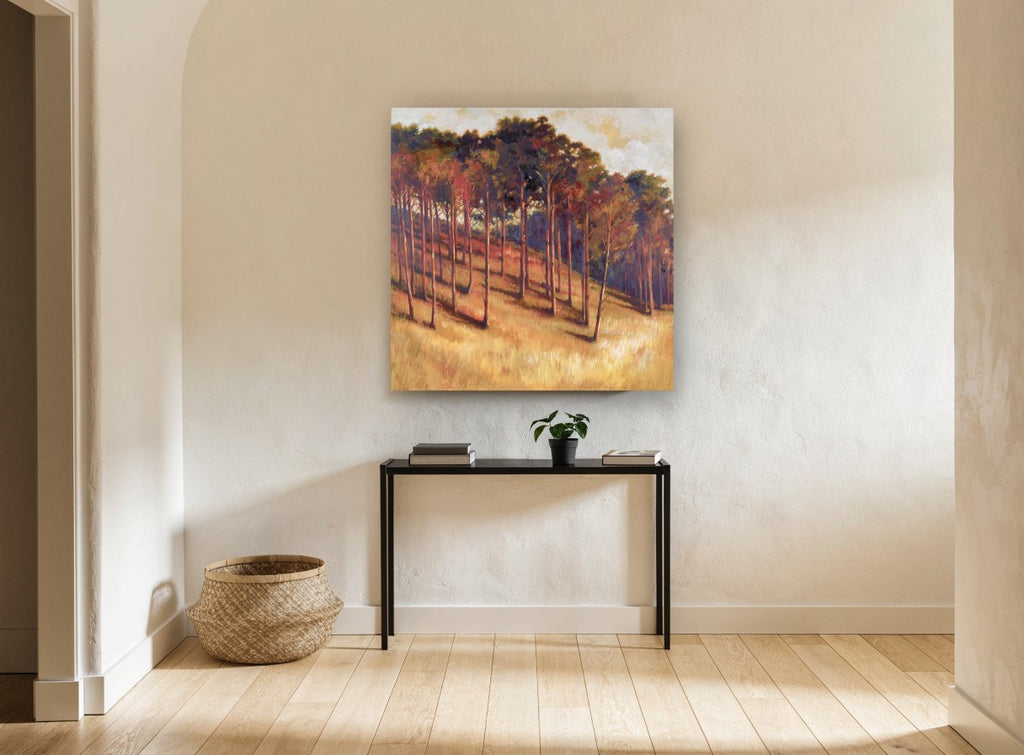 Amber Hillside Grove landscape canvas print on the wall of a hallway