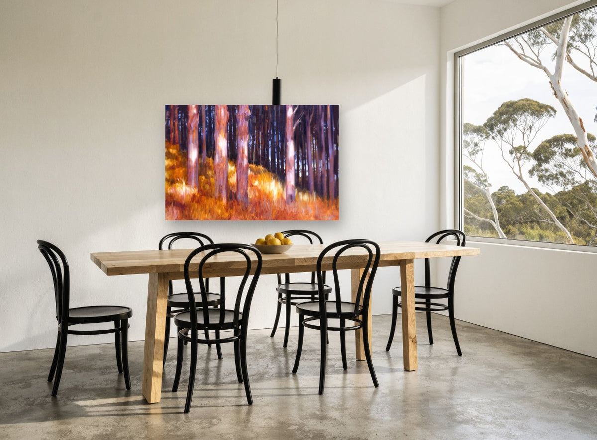 Backlit Amber Trunks landscape canvas print on the wall of a dining room