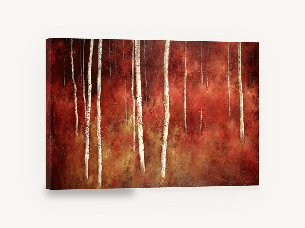 Crimson Birch Glow, red birch forest painting style art, landscape canvas wall art print ready to hang