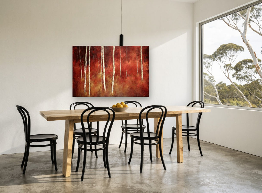 Crimson Birch Glow landscape canvas print on the wall of a dining room