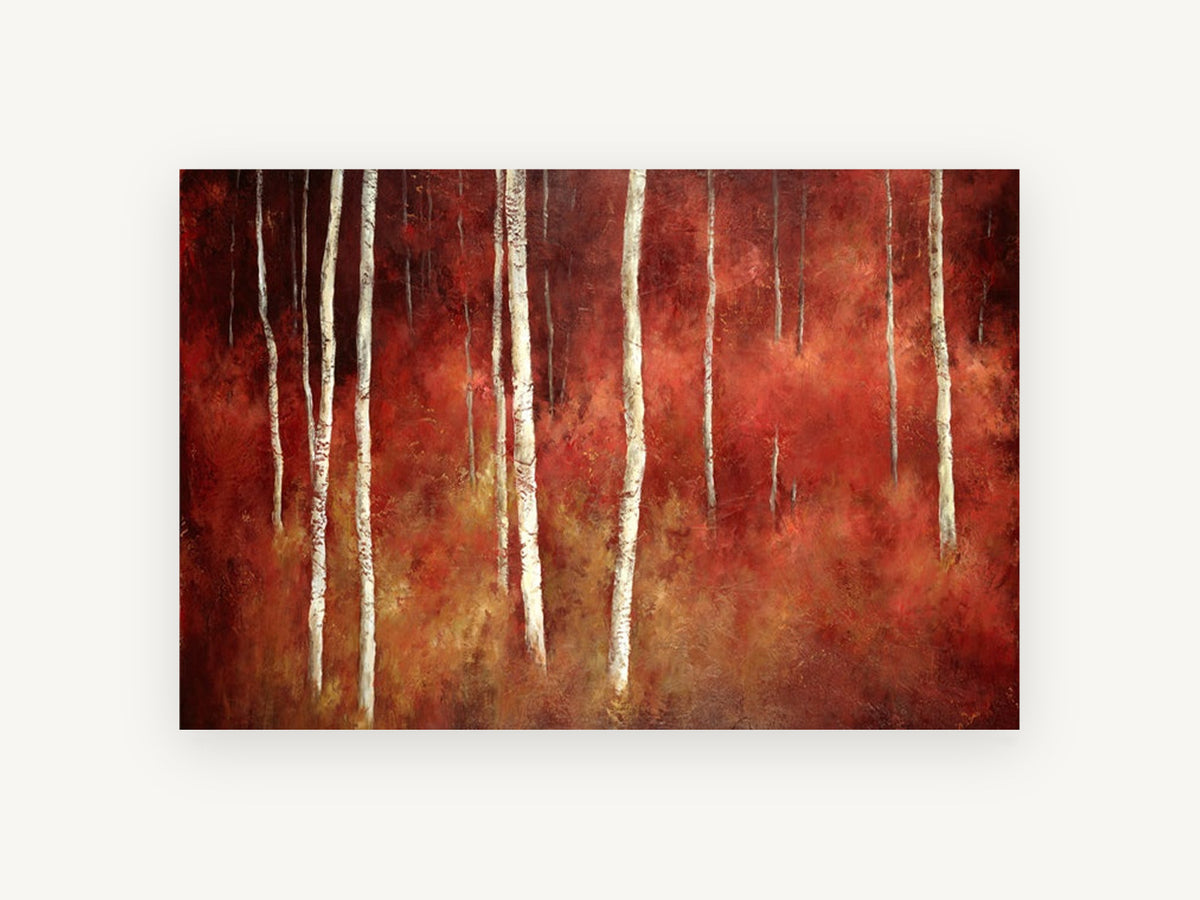 Crimson Birch Glow, red birch forest painting style art, landscape canvas wall art print, front view