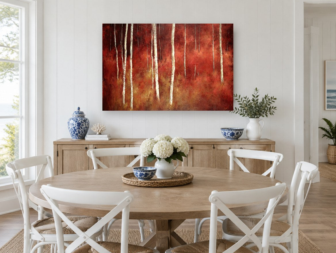 Crimson Birch Glow landscape canvas print on the wall of a Hamptons dining room