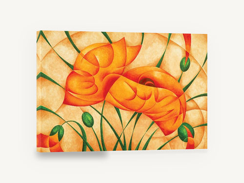 Amber Poppy Curves, orange poppies stylised floral painting, floral canvas wall art print ready to hang