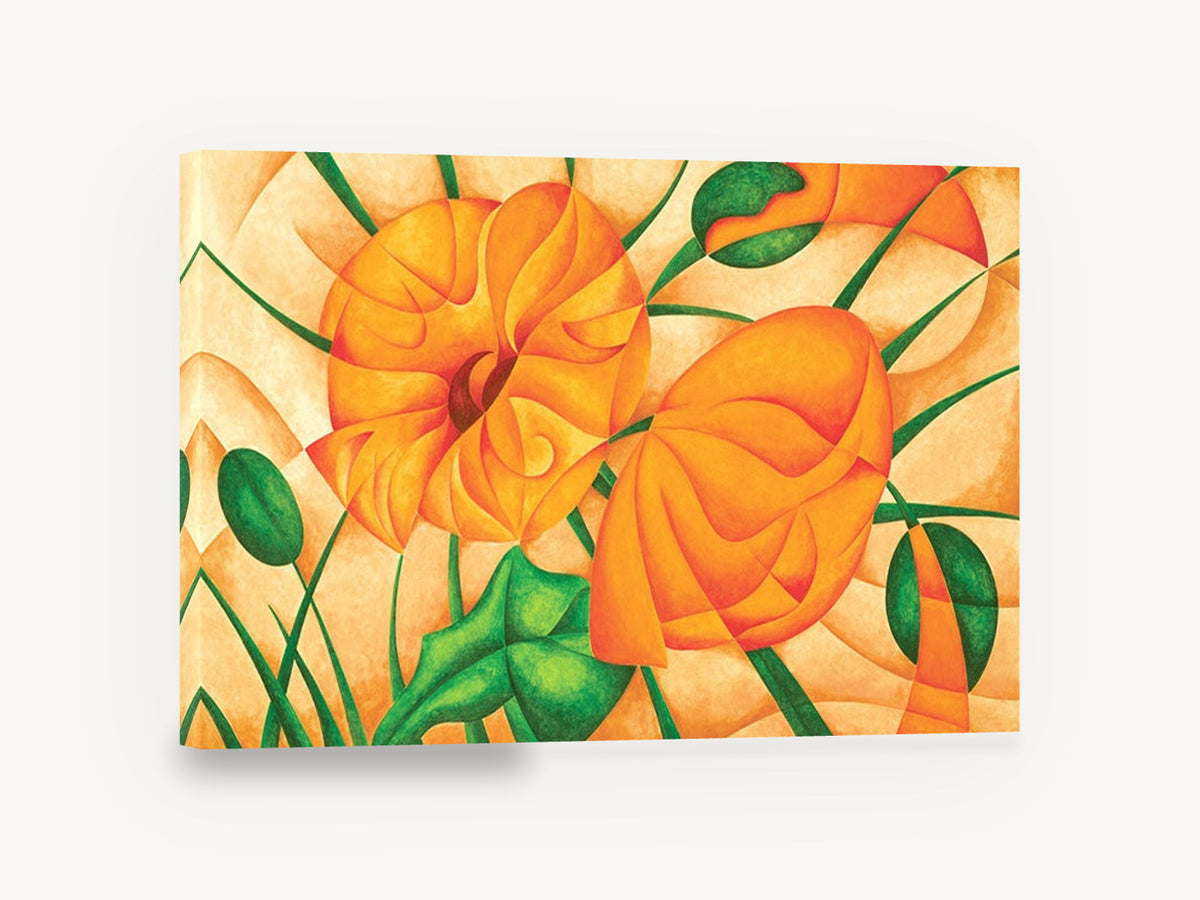 Orange Poppies in Facets, orange poppy cubist floral painting, floral canvas wall art print ready to hang
