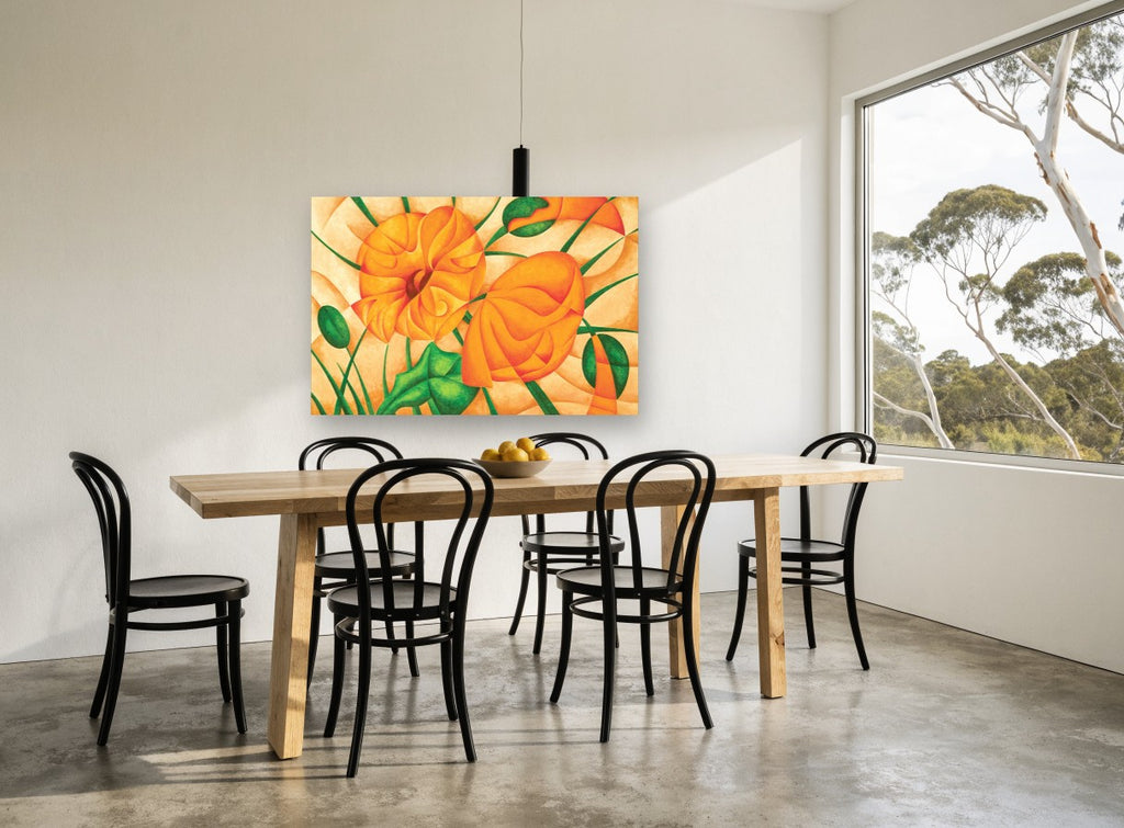 Orange Poppies in Facets floral canvas print on the wall of a dining room