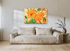 Orange Poppies in Facets floral canvas print on the wall of a living room
