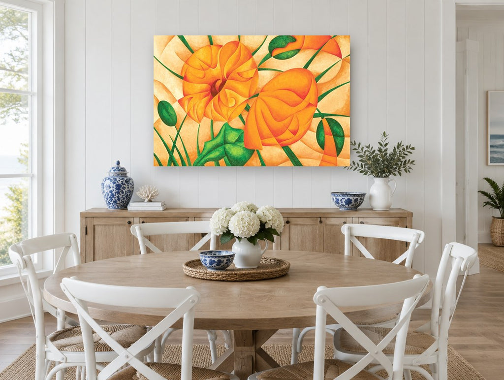 Orange Poppies in Facets floral canvas print on the wall of a Hamptons dining room