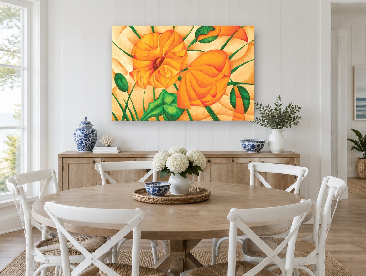 Orange Poppies in Facets floral canvas print on the wall of a Hamptons dining room