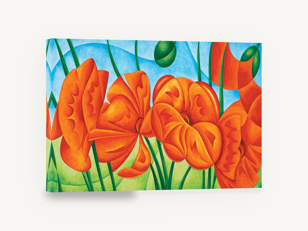Orange Poppies Rising, orange poppies stylised floral painting, floral canvas wall art print ready to hang