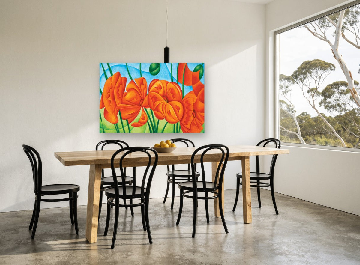 Orange Poppies Rising floral canvas print on the wall of a dining room
