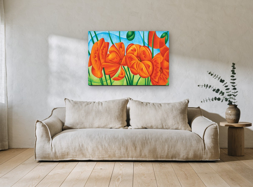 Orange Poppies Rising floral canvas print on the wall of a living room