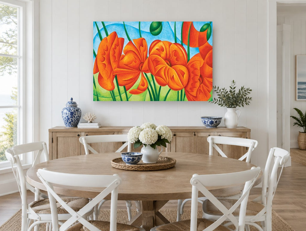 Orange Poppies Rising floral canvas print on the wall of a Hamptons dining room