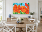 Orange Poppies Rising floral canvas print on the wall of a Hamptons dining room