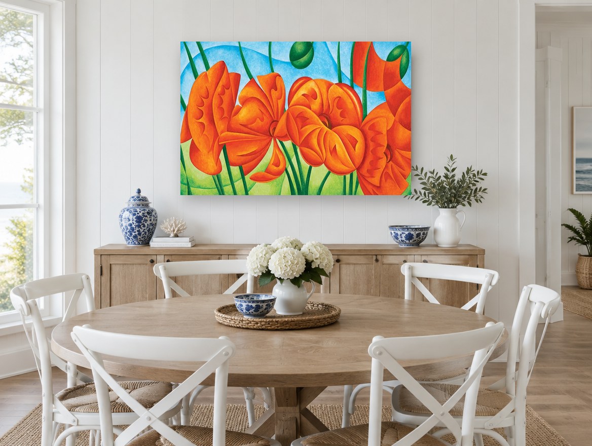 Orange Poppies Rising floral canvas print on the wall of a Hamptons dining room