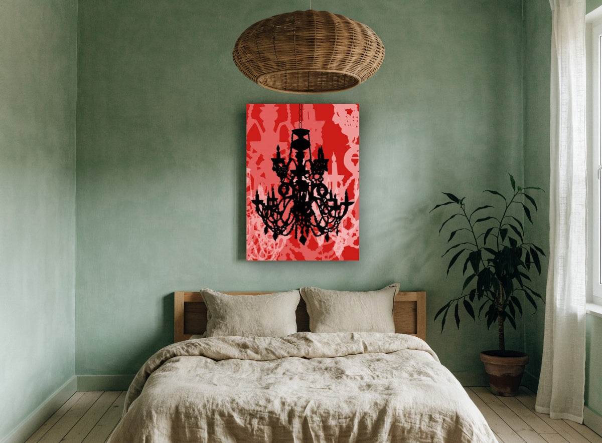 Scarlet Gilded Chandelier Glow vintage canvas print on the wall of a bedroom
