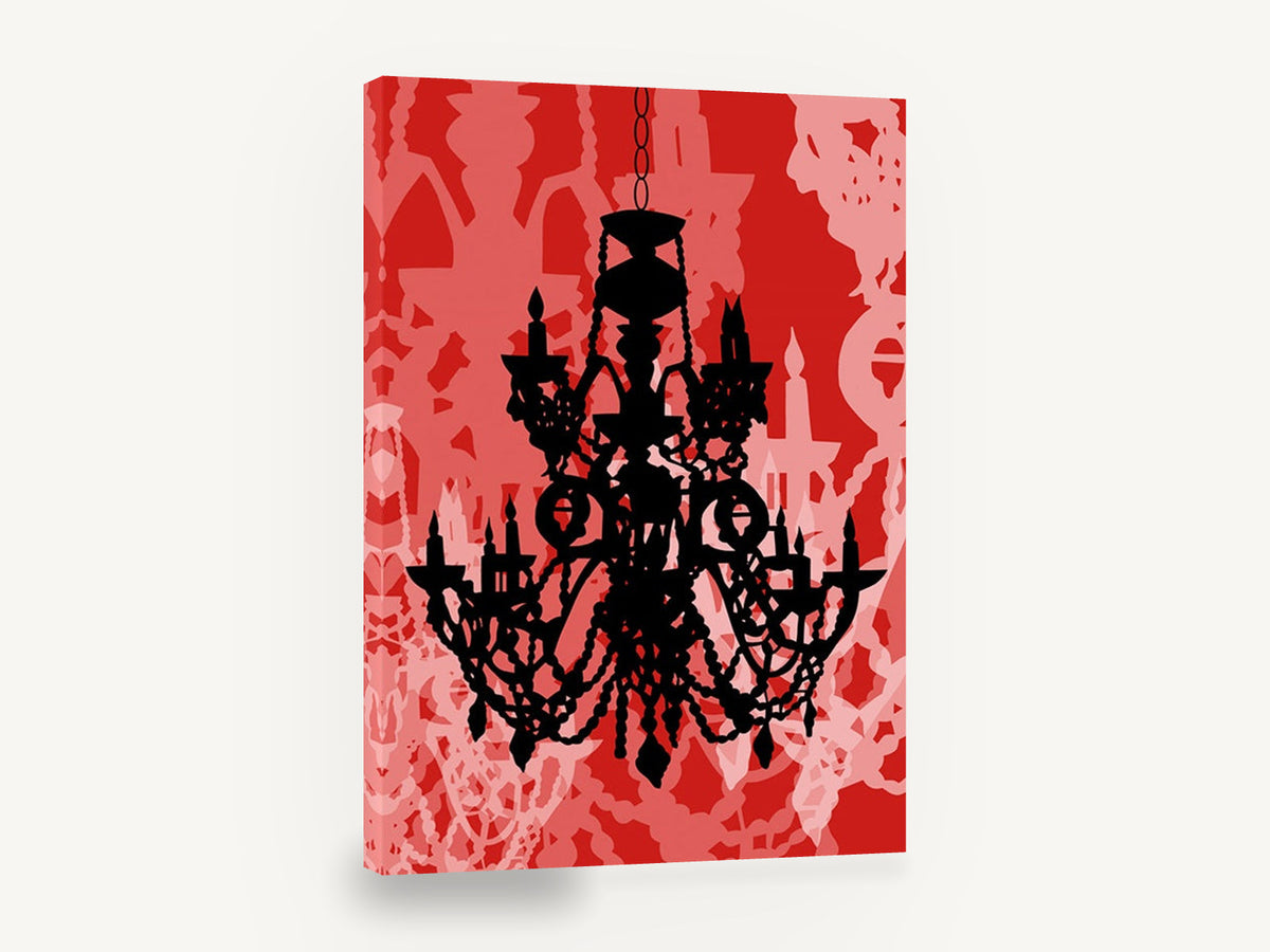 Scarlet Gilded Chandelier Glow, retro black chandelier silhouette, stretched canvas wall art print ready to hang