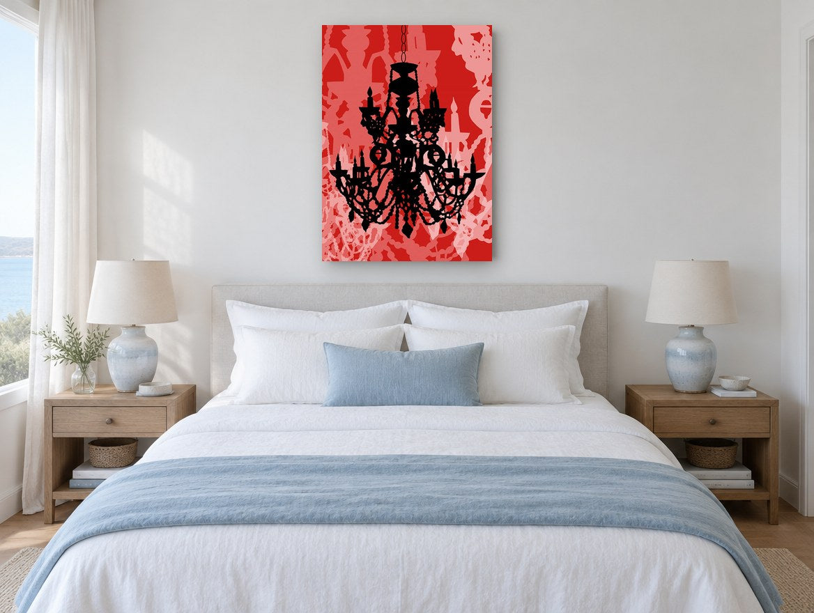 Scarlet Gilded Chandelier Glow vintage canvas print on the wall of a coastal bedroom