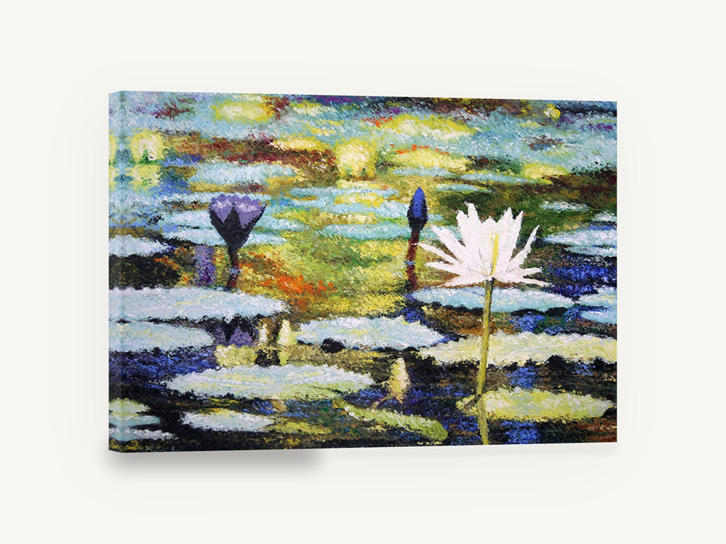 Water Lilies at Dusk, water lily pond impasto painting, floral canvas wall art print ready to hang