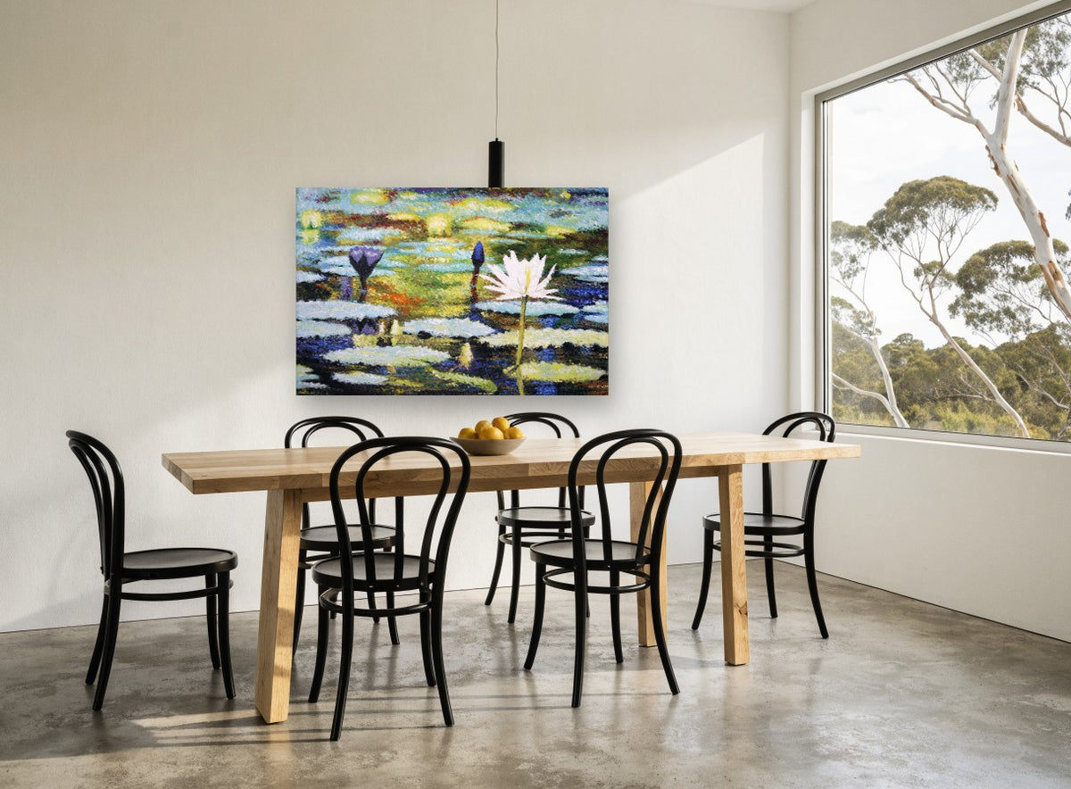 Water Lilies at Dusk floral canvas print on the wall of a dining room