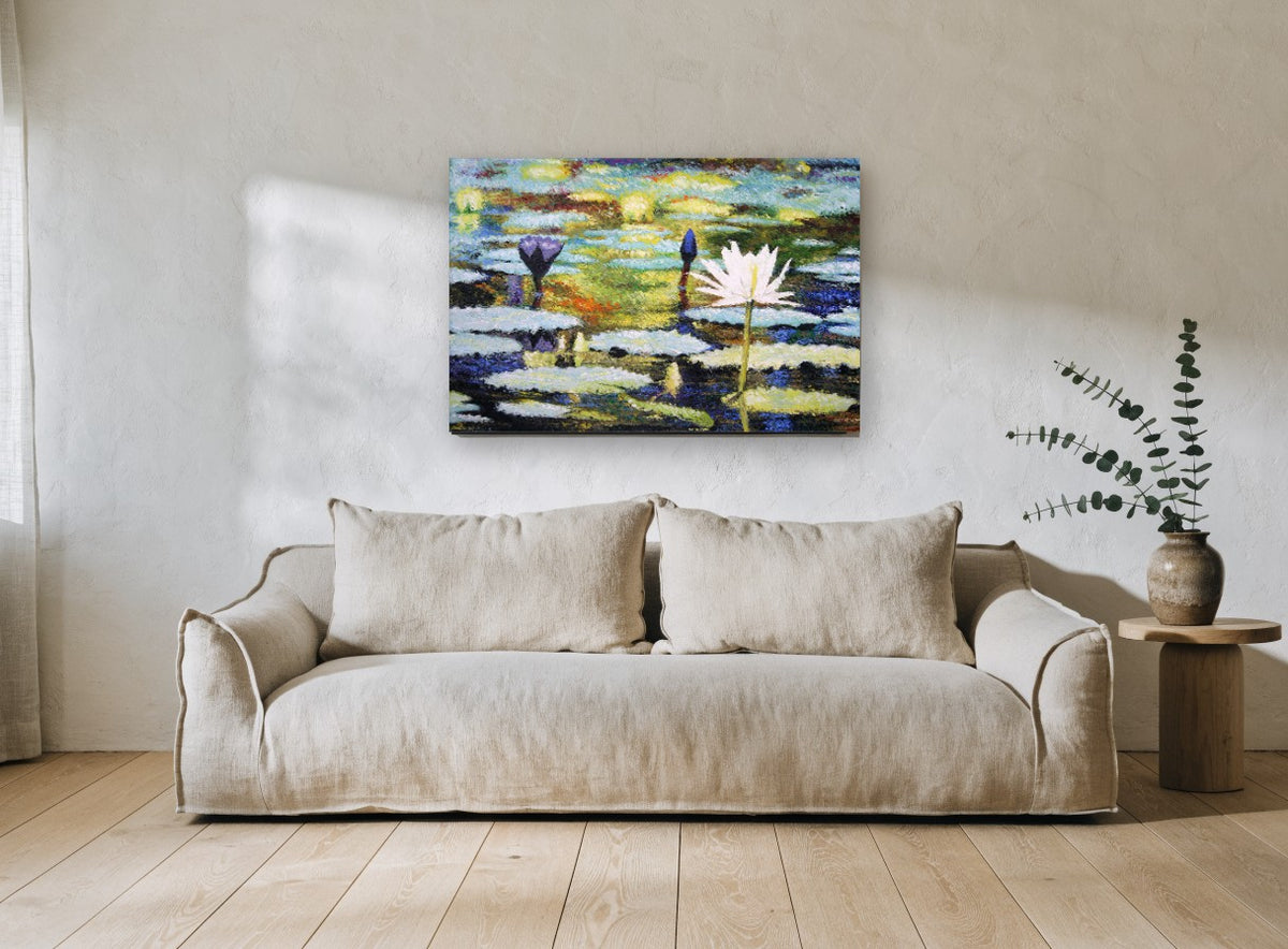 Water Lilies at Dusk floral canvas print on the wall of a living room