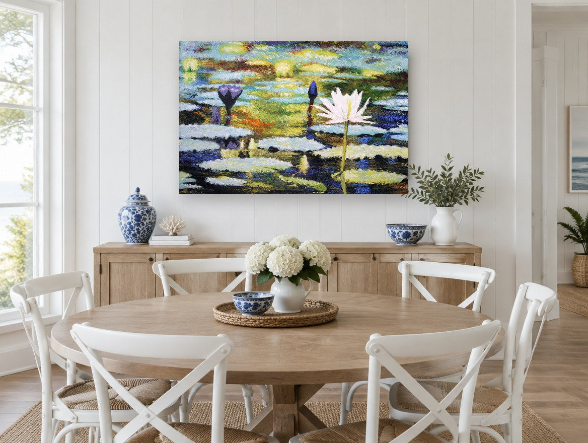 Water Lilies at Dusk floral canvas print on the wall of a Hamptons dining room