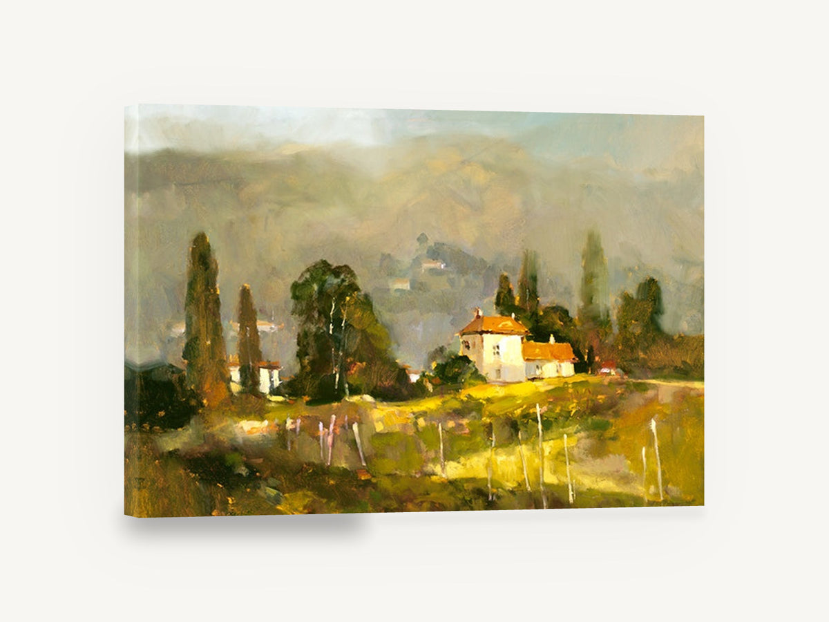 Sunlit Villa Hillside, tuscan farmhouse hillside landscape artwork, landscape canvas wall art print ready to hang