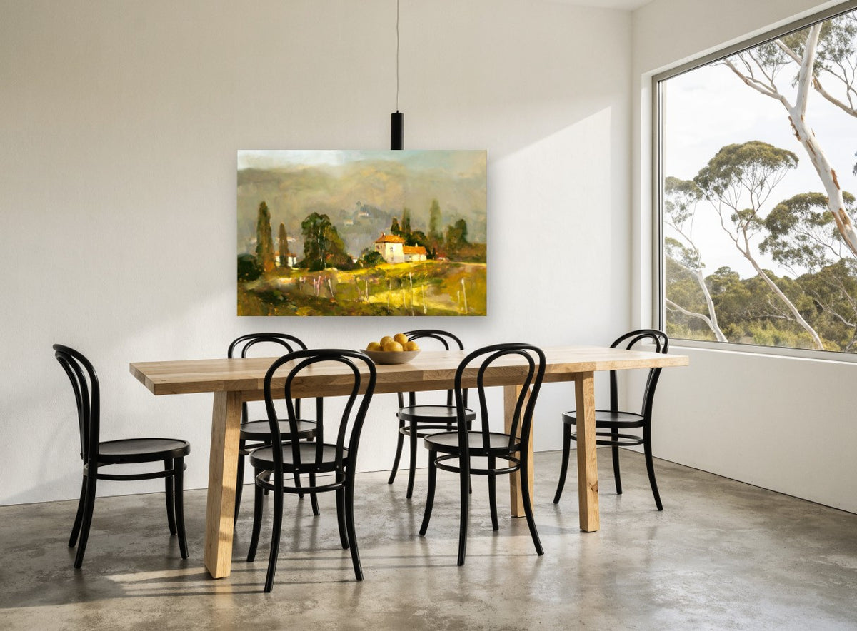 Sunlit Villa Hillside landscape canvas print on the wall of a dining room
