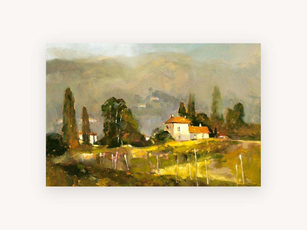 Sunlit Villa Hillside, tuscan farmhouse hillside landscape artwork, landscape canvas wall art print, front view
