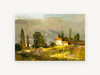 Sunlit Villa Hillside, tuscan farmhouse hillside landscape artwork, landscape canvas wall art print, front view
