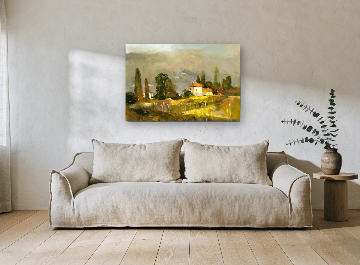 Sunlit Villa Hillside landscape canvas print on the wall of a living room